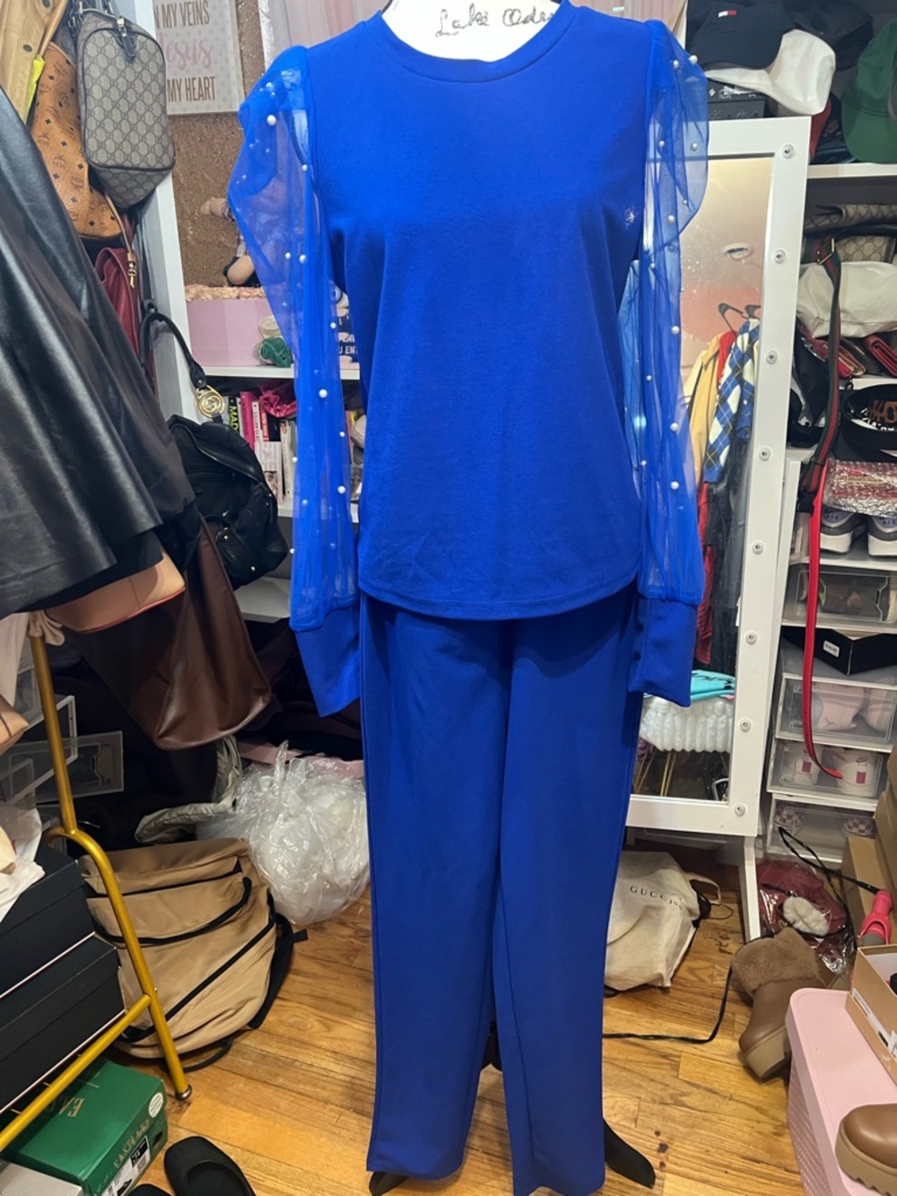 SHEIN Royal Blue Pearl-Embellished Wide-Leg pant and blouse set